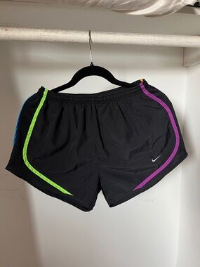 Nike Black Women's Athletic Shorts with Neon Green and Purple Trim